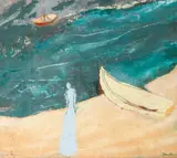 Blue lady, yellow boat by Sonia Lawson, mixed media on canvas laid to board, sold Jan 2012