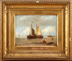 Coastal scenes with fishing boats and figures on the shore by Hendrik Hulk, sold Jan 2012