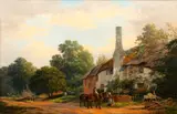 Figures on a track by a thatched cottage by 19th Century English School, oil on canvas, sold Jan 2012