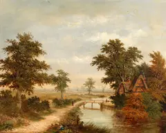 Figures angling opposite a thatched cottage by Charles Leaver, oil on canvas, sold Jan 2012