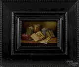 still life of books by Janos Czene Apatfalvi, oil on panel, offered Sep 2015