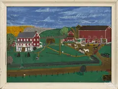 primitive farm scene by M. Eugene Peterman, oil on board, sold Sep 2015