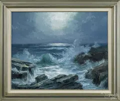 Maine coastal scene by Richard Hasenfus, oil on canvas, sold Sep 2015