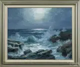 Maine coastal scene by Richard Hasenfus, oil on canvas, sold Sep 2015