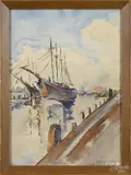 harbor scene by Wilmer Renninger, watercolor, offered Sep 2015