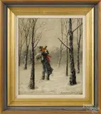 winter landscape of a gentleman with a backpack drinking from a bottle by Sydney Hamilton Blackwood, oil on canvas, sold Jun 2015