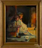 of two children sitting by a fire by M. Fisher, oil on canvas, sold Jun 2015