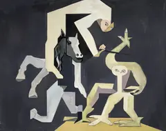 Untitled (Figures with Horse) by Leonard Alberts, oil on canvas, sold May 2023