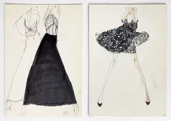 12 Illustrations for Geoffrey Beene by Joe Eula, mixed media (ink, pencil) on illustration card stock, sold Jun 2023