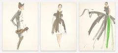 3 Illustrations for Geoffrey Beene by Michaele Vollbracht, 1960-69, pencil, marker, and watercolor on card, sold Jun 2023