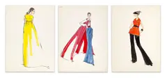 3 Illustrations for Geoffrey Beene by Michaele Vollbracht, 1960-69, pencil, marker, and water color on card, sold Jun 2023