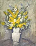 Still Life with Delphinium and Yellow Foxtail by Albert Bela Bauer, oil on canvas board, sold Sep 2023