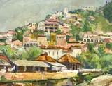 Untitled (Hillside Town) by Albert Bela Bauer, oil on board, sold Sep 2023
