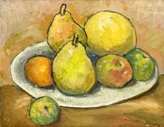 Still Life with Pears, Apples, and Orange by Albert Bela Bauer, oil on canvas, sold Sep 2023