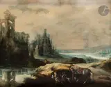 Chasseurs dans un paysage de ruines by Jan Tilens, Panneau de chêne, trois planches, non parqueté (marque des mains d’Anvers et le château), sold Jun 2022
