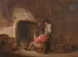 Intérieur avec deux paysans au coin du feu by Isaac van Ostade, Panneau de chêne, une planche, non parqueté, sold Jun 2022