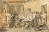 Lycurgue présentant leur nouveau roi aux Spartiates. Plutarque, Vie des Hommes Illustres, Lycurgue, III by Augustin Pajou, 1762, Pierre noire, plume et encre brune, sanguine, rehauts de blanc, sold Jun 2009