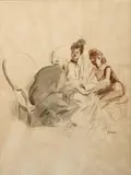 Au salon by Jean-Louis Forain, Lavis d'encre sur traits de crayon, sold Jun 2009