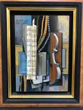 Composition cubiste au violon by Aram Koupetsian, Huile et collage d’éléments divers sur panneau, sold Dec 2021