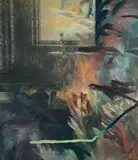 Intérieur by Rafael Mahdavi, 1991, Huile et collage sur toile, sold Oct 2018