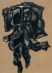 Personnage, 1954-1955 by Antonio Saura Atarés, Technique mixte vernissée et collage, sold Oct 2018