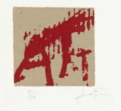 Petit Vermell by Antoni Tàpies, 1992, Aquatinte et collage sur papier gris, sold Oct 2018