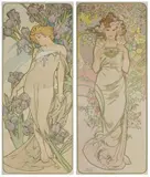 Rose ; Iris. 2 planches (sur 4) de la série Les Fleurs. 1898 by Alphonse Mucha, Lithographie, sold Oct 2010