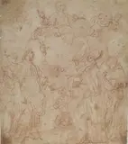 Vierge en gloire apparaissant à quatre saints by Simone Cantarini, Sanguine (Déchirures sur les bords, taches, pliures et partiellement dédoublé), sold Jun 2010