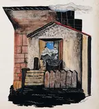 Deux personnages dans une perspective d'intérieur by Maria Lagorio, Gouache sur papier (plié), sold Sep 2011