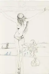 Christ et cavalier by Salvador Dalí, 1966, Crayon, mine de plomb, stylo à bille bleu et lavis sur papier, filigrane en haut à droite, sold Jun 2011