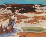 Farm in the Hills / Lake View in Autumn (verso) by A. Y. Jackson, double-sided oil on board, sold Nov 2017