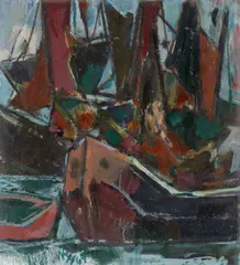 Schiffe am Hafen by Willy Robert Huth, 1967, Öl auf Hartfaser, sold Aug 2021