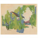 A Train Passes, How the Smoke Swirls, Round the Young Leaves by Stanton Macdonald-Wright, Woodblock print in colors, sold Feb 2022