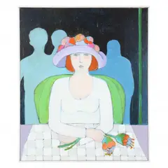 Woman with Checked Tablecloth by Winona Crawford, Acrylic on canvas, sold Feb 2022