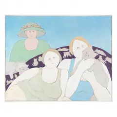 Three Women with Two Cats by Winona Crawford, Acrylic and charcoal on canvas with matte varnish, sold Jan 2022