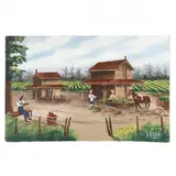 Vintage Folky Painting of Colonial Cottage with Figures by Robert Ragan, Oil on canvas, sold Jan 2022