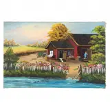 Vintage Folky Painting of Homestead by the River by Robert Ragan, Oil on canvas, sold Jan 2022