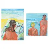 Woman and Man on Beach and Guadeloupe (Two Works) by Sid Oakley, Oil pastel, sold Jan 2022