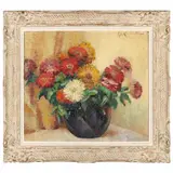 Still Life with Zinnias by Volney Richardson, Oil on board, sold Jan 2022