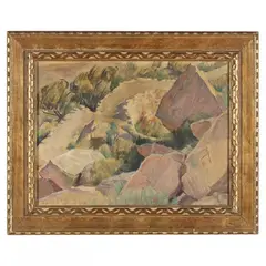 Southwestern Cubist Landscape by Peter Blos, Oil on board, sold Jan 2022