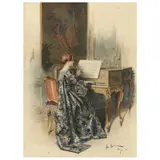 Woman at a Pianoforte by Bernard Louis Borione, Watercolor on paper, sold Jan 2022