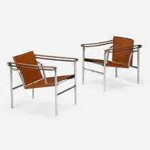 Basculant chairs model LC1, pair by Pierre Jeanneret and Le Corbusier Charlotte Perriand, faux leather, chrome-plated steel, sold Aug 2024