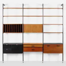 CSS (Comprehensive Shelving System) by George Nelson & Associates, 1959, enameled aluminum, walnut, laminate, aluminum, lacquered masonite, sold Jun 2022