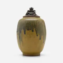 Lidded vessel by Patrick Nordström, 1921, glazed stoneware, bronze, sold Jun 2022