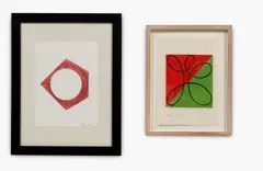 Untitled greeting card, 1993, red and green color woodcut print on wove paper by Robert Mangold, pencil signed and dated, offered Sep 2026