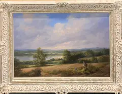 Untitled by Noel Ripley, oil on canvas of a gentleman with a dog admiring the view, sold Apr 2022