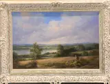 Untitled by Noel Ripley, oil on canvas of a gentleman with a dog admiring the view, sold Apr 2022