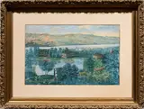 Village on a Lake by Emma Sather Nelson, watercolor, sold Nov 2025