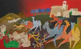 Rajasthan Landscape by Maqbool Fida Husain, Acrylic on canvas, sold Feb 2023