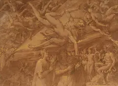 Dante et Virgile au tribunal de Minos, le deuxième cercle de l'Enfer réservé aux péchés de luxure ; cinquième chant de l'Enfer de Dante by Jacopo Ligozzi, Plume et encre brune, lavis brun et rehauts d'or, sold Mar 2026